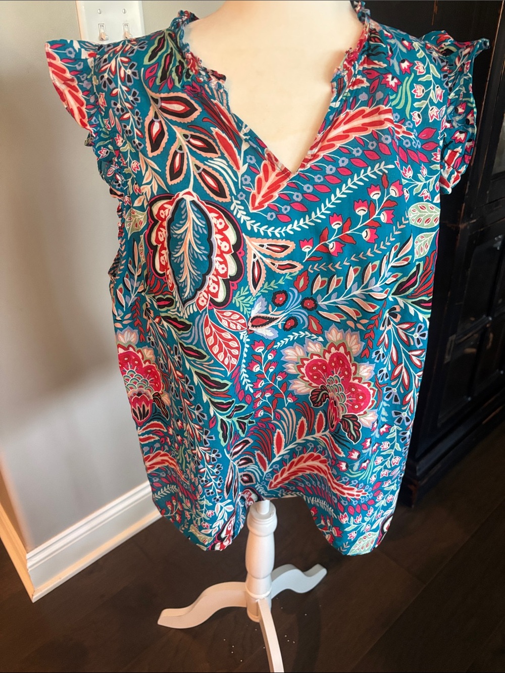Talbots Teal Floral V-Neck Flutter-Sleeve Camisole